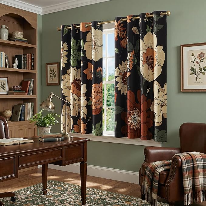 jinchan Black Boho Floral Blackout Curtains 63 Inch Grommet 2 Panels | Room darkening, Vintage, living room, bedroom, privacy, floral print, flower pattern, fall decor, window treatments
