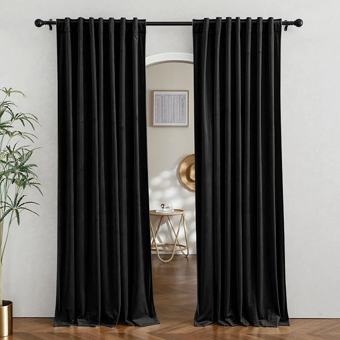 RYB HOME Black Velvet Curtains for Bedroom Living Room, Thermal Insulated Privacy UV Heat Blocking Luxurious Soft Rod Pocket Back Tab Drapes for Nursery, 52" W x 94" L, 2 Panels