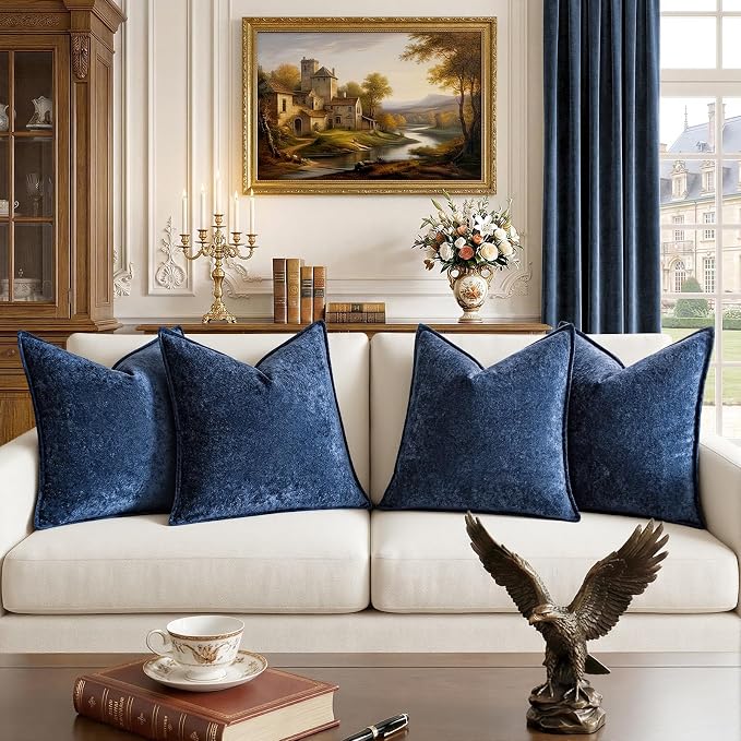a moment Throw Pillow Covers 18X18 Inch 4 Packs,Soft Velvet Decorative Pillow Cases with 3D Ice Flower,Texture Modern Accent Cushion Covers for Sofa Couch Home Decor Navy Blue