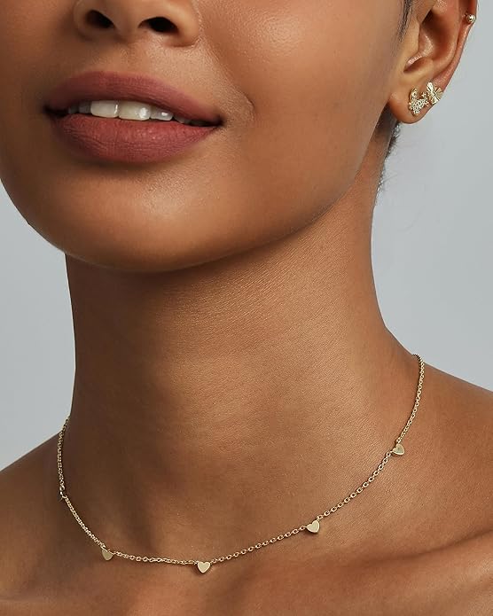 PAVOI 14K Gold Plated Dainty Chain Necklaces for Women - Station Small Motif Pendant Gold Jewelry Gifts - Valentines Day Trendy Heart, Bow, Cross Necklace for Women - Valentines Day Trendy Jewelry