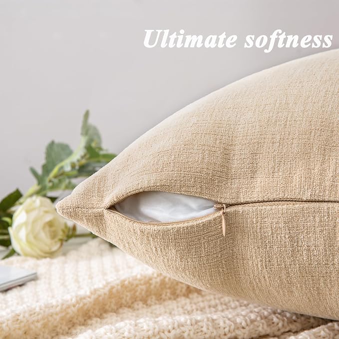 GAWAMAY Decorative Chenille Throw Pillow Covers 24x24 Inch Pack of 2, Soft Square Couch Pillow Cover for Sofa Cushion Living Room Bedroom Solid Dyed Pillowcases Beige 60x60cm (ONLY Covers)