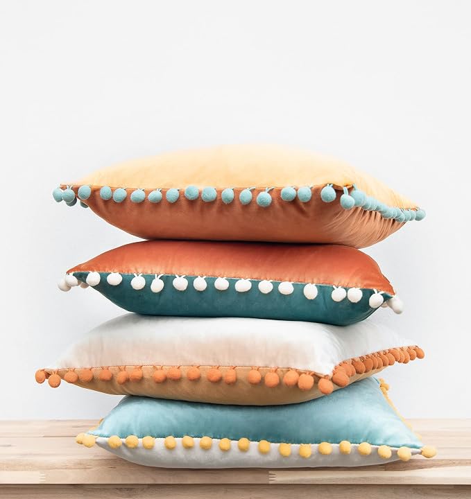 MONDAY MOOSE Decorative Throw Pillow Covers Cushion Cases, Set of 4 Soft Velvet Pom Poms Double-Sided Designs, Mix and Match for Home Decor, Pillow Inserts Not Included (16x16 inch, Orange/Teal)