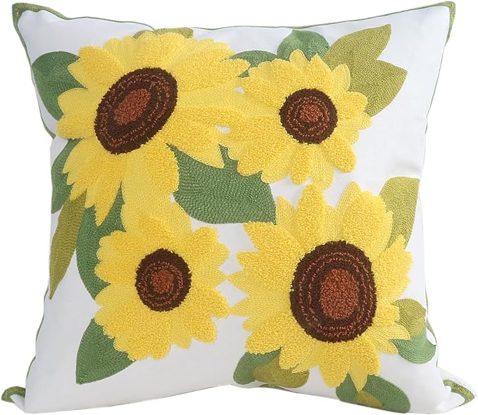 Embroidery Throw Pillow Covers 4 Sunflowers 18x18 Inch Decorative Cushion Case Floral Design 100% Cotton Home Decor Yellow Flowers 45x45cm, 1 Piece