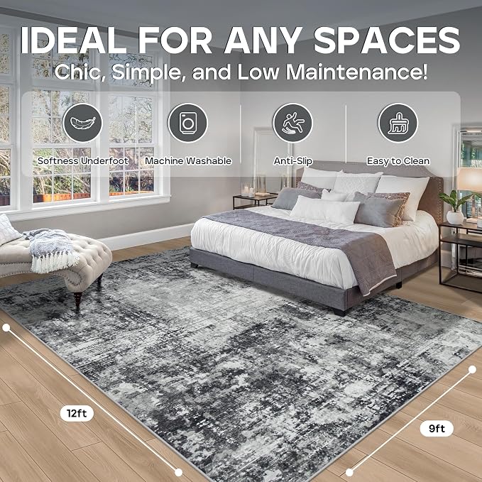 9x12 Area Rugs for Living Room Rug Washable: Modern Large Rug for Dining Room Bedroom Carpet Non Slip 9 by 12 Indoor Abstract Nursery Home Office Black Grey