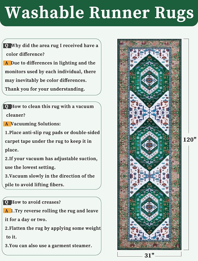 SERISSA Runner Rug for Hallways, 2'6"x10' Washable Non Slip Kitchen Runner Rug, Long Boho Rug Vintage Green White Hallway Stair Ultra Soft Print Floor Carpet for Bedroom Bathroom Laundry Room