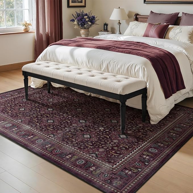 Fig 5x7 Area Rugs for Living Room Bedroom, Earth Tone Dark Academia Washable Rug for Dining Room, Non Slip Thin Soft Carpet Rugs for Den/Home Office/Kitchen/Foyer, Vintage Boho Floral Trellis