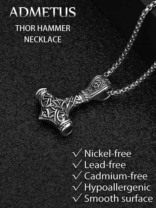 ADMETUS 925 Sterling Silver Thor Hammer Necklace Viking Mjolnir Pendant Jewelry Gifts for Men with 2.5mm 22"+2" Rolo Chain
