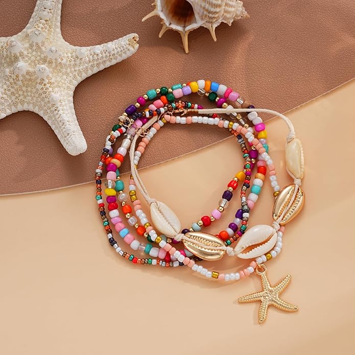 Boho Shell Ankle Bracelet Set for Women, 5 Pairs 14K Boho Bead Handmade Adjustable Anklet, Hawaiian Beach Seashell Starfish Foot Jewelry Gifts