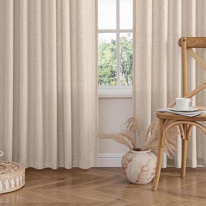 MIULEE Non-See-Through Privacy Linen Curtains 52W x 63L Inch Beige | 2 Panels, Light Filtering, Semi Sheer Window Curtains, Farmhouse Textured, Back Tab Drapes for Bedroom Living Room