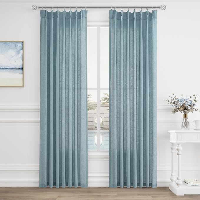 Dusty Blue Pinch Pleated Linen Curtains 84 Inch Length 2 Panels for Living Room Bedroom Light Filtering Semi Sheer Stone Slate Blue Window Curtain Boho Modern Pinch Pleat Drape Hooks 84 Inches Long