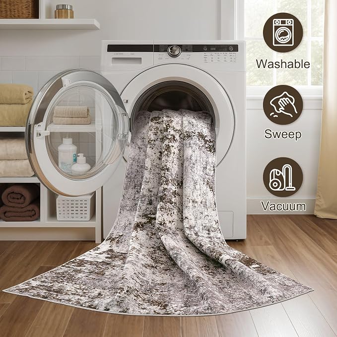 DMOYEST 6x9 Area Rug - Washable & Non Slip Indoor Rug for Living Room, Kid & Pet Friendly Abstract Low Pile Soft Carpet for Bedroom and Dining Room - Dark Brown
