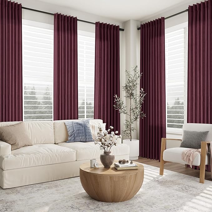 Aersas Burgundy Pinch Pleated Linen Curtains 84 Inch Length 2 Panels for Living Room Bedroom Semi Sheer Window Curtain Boho Neutral Back Tab Pinch Pleat Drape with Hooks 40x84