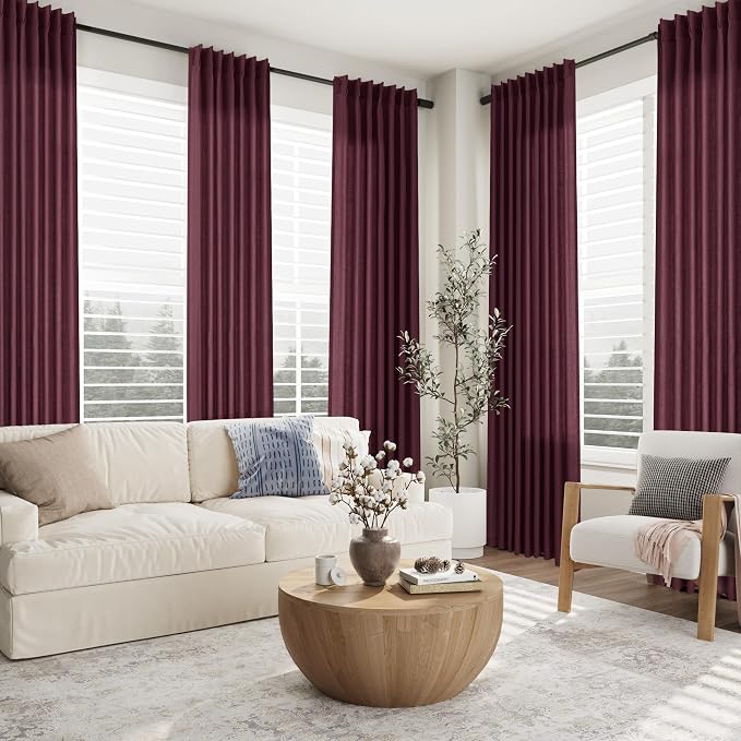 Aersas Burgundy Pinch Pleated Linen Curtains 108 Inch Length 2 Panels for Living Room Bedroom Semi Sheer Window Curtain Boho Neutral Back Tab Pinch Pleat Drape with Hooks 40x108