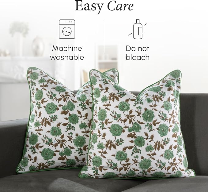 CPC 100% Cotton Throw Pillow Covers 20x20 Inch, Set of 2 Green Block Print Pattern Couch Pillow, Cute Boho Decorative Pillows for Living Room, Bedroom with Hidden Zipper- Moss Green