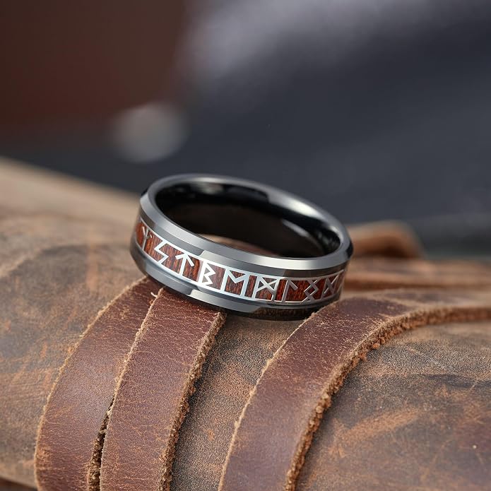 King Will Tungsten Carbide Wedding Band for Men - 8mm Black/Silver/Gold Plated with Norse Viking Rune & Hawaii Koa Wood Inlay Mens Ring, Polished Beveled Edge for Daily Wear, Comfort Fit Size 7-14