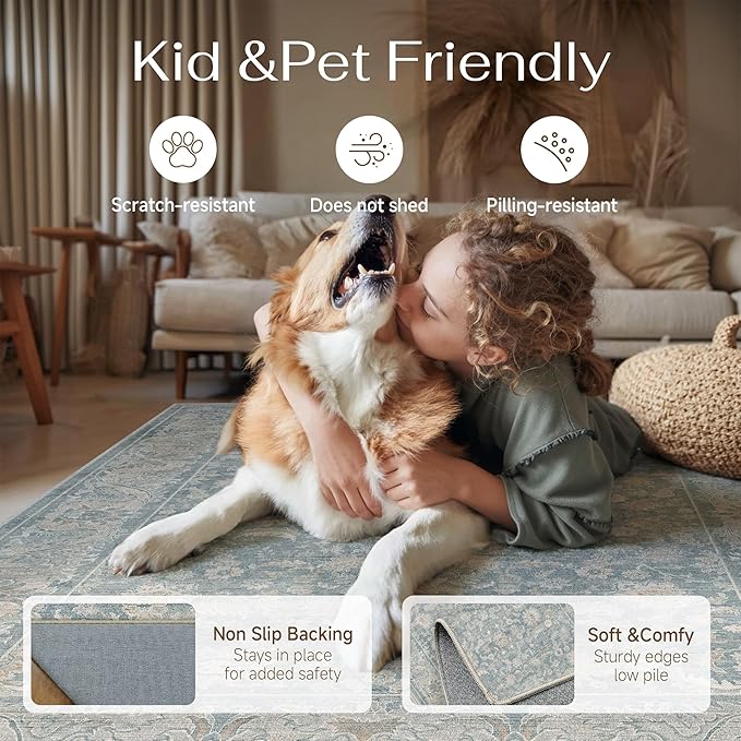5x7 Blue Washable Area Rug Non Slip Retro Distressed Carpet | Soft Low Pile, Lightweight Foldable, Pet Friendly, Living Room, Bedroom, Dining Room, Classroom, Playroom