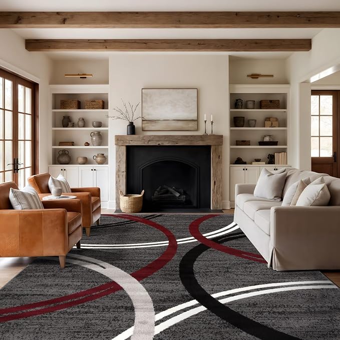 Rugshop Wavy Circles Modern Non-Shedding Living Room Area Rug Red 10' x 14'