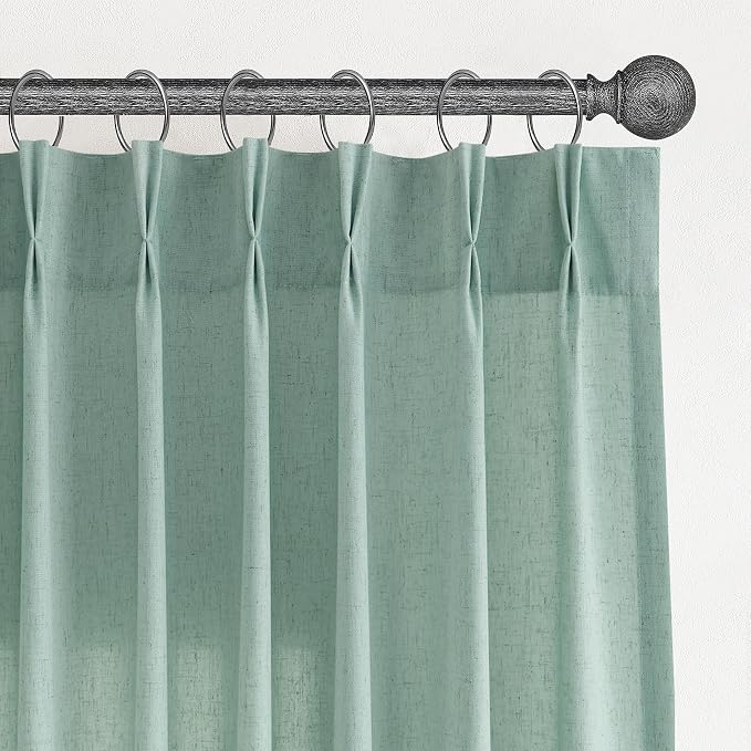 Aersas Aqua Green Pinch Pleated Linen Curtains 84 Inch Length 2 Panels for Living Room Bedroom Semi Sheer Window Curtain Boho Neutral Back Tab Pinch Pleat Drape with Hooks 40x84