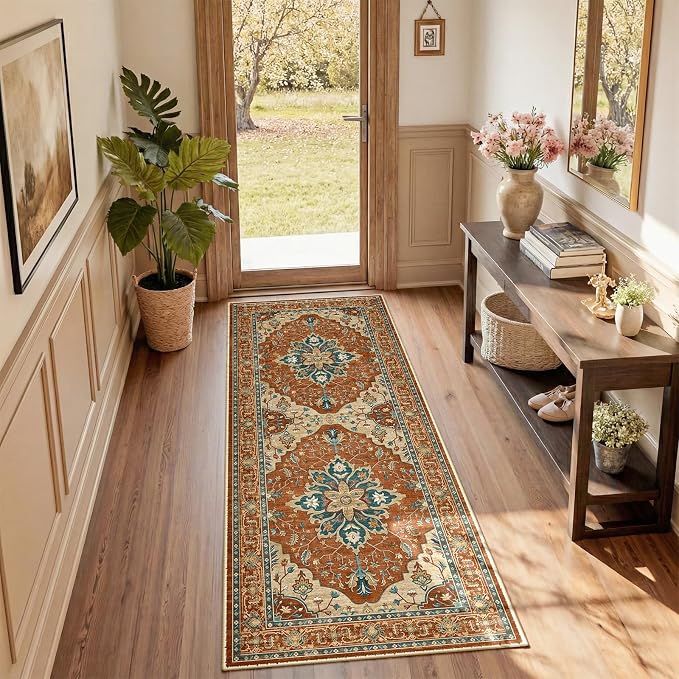RELEANY Area Rugs Runner 2'x5' Washable Non-Slip, Floral Vintage Distress Medallion Carpet for Kitchen Hallway Bedroom Beside Laundry Room Bathroom, Red Orange Blue Brown