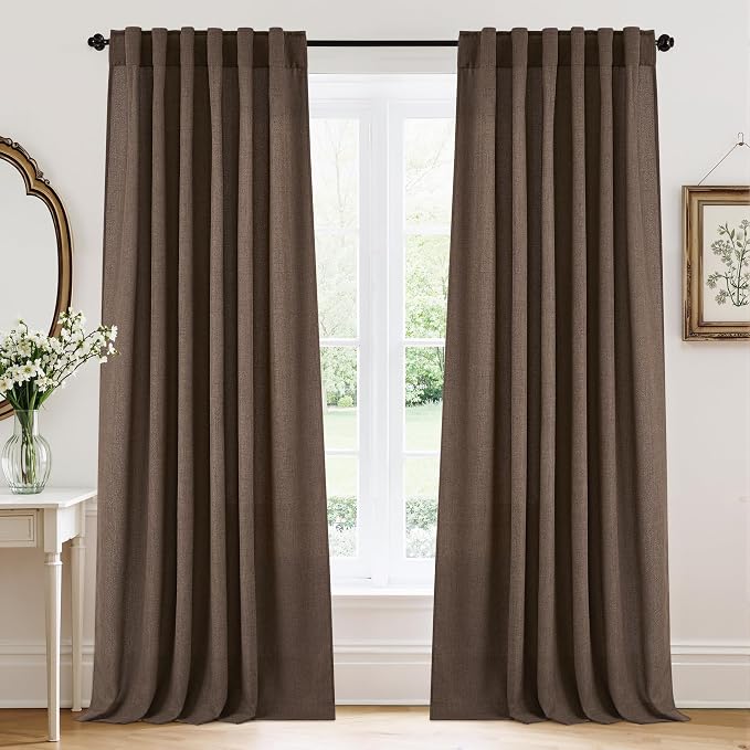 RYB HOME Natural Linen Sheer Curtains 108 inches Long for Living Room/Bedroom, Back Tab/Rod Pocket, Light Filtering Sheer Curtains and Drapes, Brown, W 52 x L 108 inches, 2 Panels Set