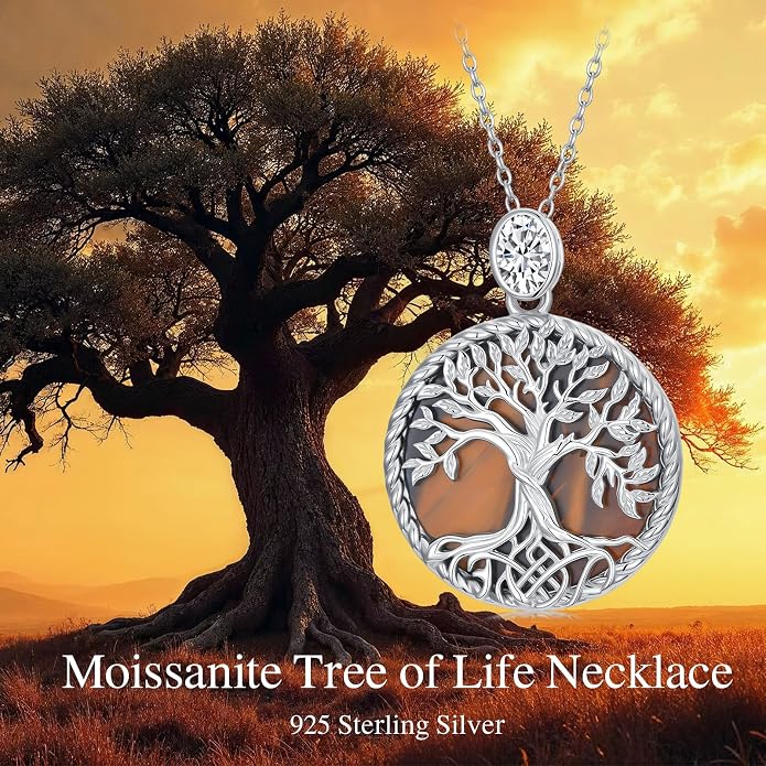Tree of Life Moissanite Necklace, 925 Sterling Silver 0.5 Carat Moissanite Abalone Shell/Opal/Black Onyx/Turquoise/Malachite/Tiger Eye Stone Tree of Life Pendant Necklaces Jewelry Gift for Women Mom