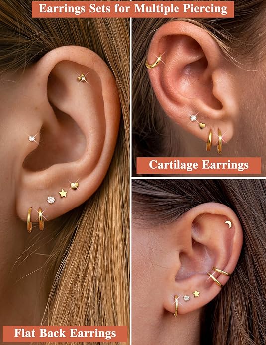 LOLIAS Small Hypoallergenic Flat Back Stud Earrings for Women Men 14K Gold Plated Surgical Stainless Steel Earring Sets Tiny Screw Back Cartilage Earrings for Sensitive Ears