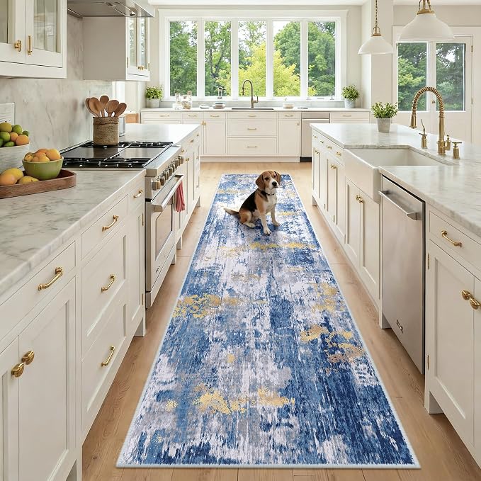 RELEANY Washable Area Rugs 2'6"x10 Non-Slip Modern Abstract Soft for Living Room Entryway Bedroom Kitchen, Print Pattern, Grey Blue Gold/Golden