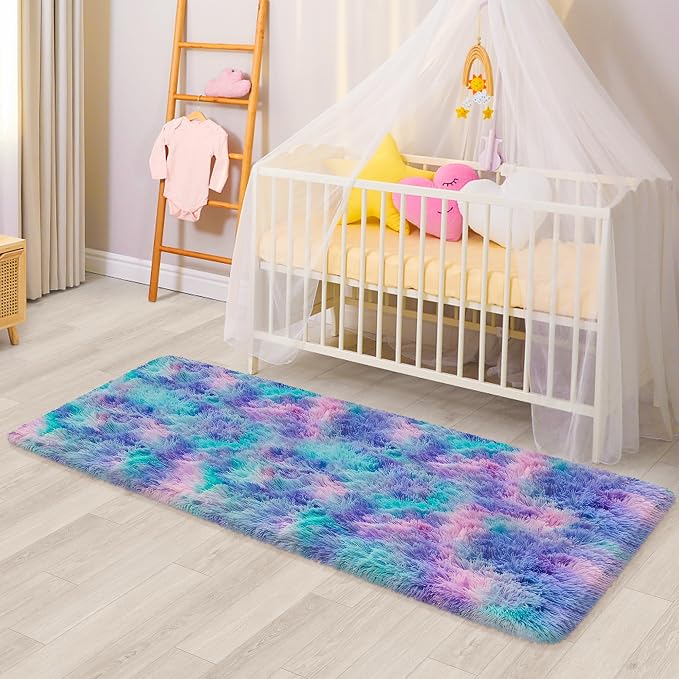 Shaggy Tie Dyed Light Blue Purple Runner Rug 2x6 ft Bedside Area Rugs for Living Room, Anti-Skid Extra Comfy Fluffy Floor Carpet for Indoor Hallway Home Decorative