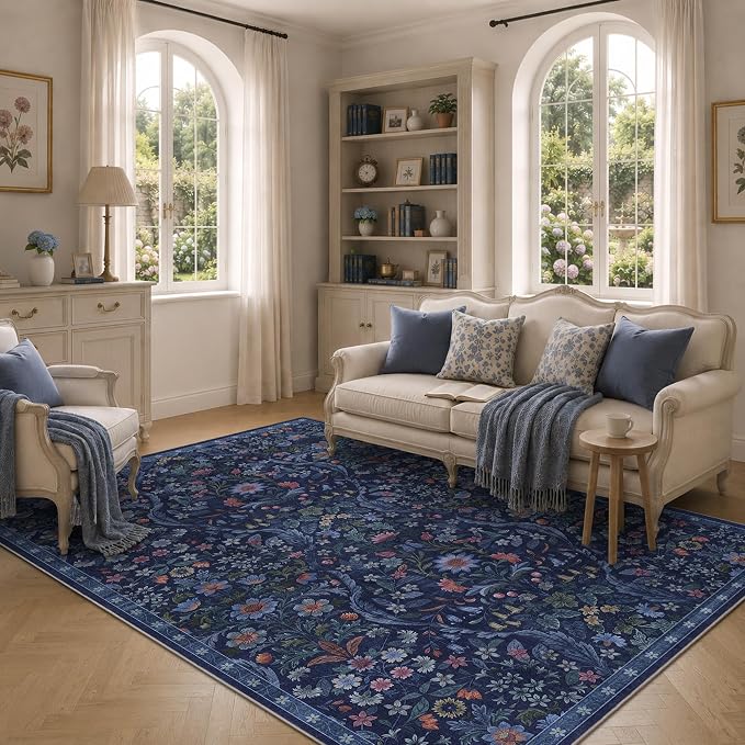 Floral Washable 6x9 Area Rug，Blue Boho Rugs for Living Room, Soft Low-Pile Non-Slip Stain Resistant & Non-Shedding Carpet for Bedroom, Dining Room, Office, Entryway, Nursery