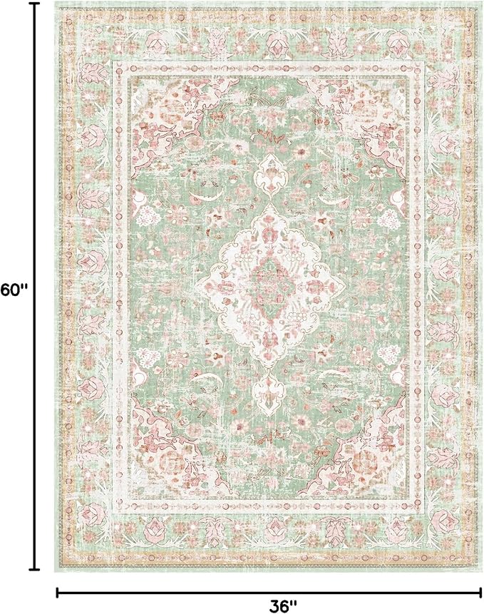 Vhong Washable Area Rugs Boho Vintage Modern Neutral Small Carpet Green and Pink High Traffic Rugs 3×5 for Dinning Room Living Room Bedroom Farmhouse Non Slip