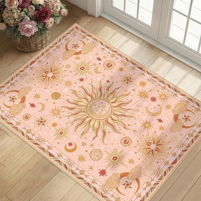 Vacuum-Friendly, 2x3 Washable Area Rug, Pink Gold Beige Red | Sun and Moon Boho Gothic Non-Slip Low Pile Living Roon Bedroom Dining Room Kitchen Entry Entryway Entrance Hallway Doormat