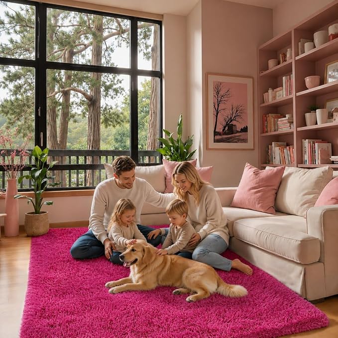 Fluffy Rug Shag Area Rug,Hot Pink 3x5 Area Rugs for Bedroom | Non-Slip Small Soft Bedside Rug for Entryway,Living Room and Home Office
