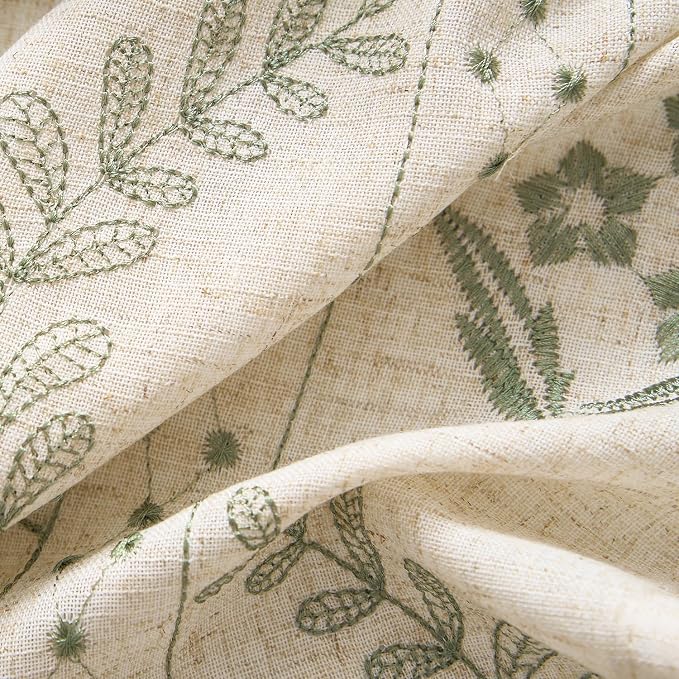 jinchan Floral Linen Curtains 84 Inch Back Tab 4 Panels Sage Green | Embroidered curtains,boho curtains,living room,bedroom,light filtering,privacy,flower patterned drapes,window treatment