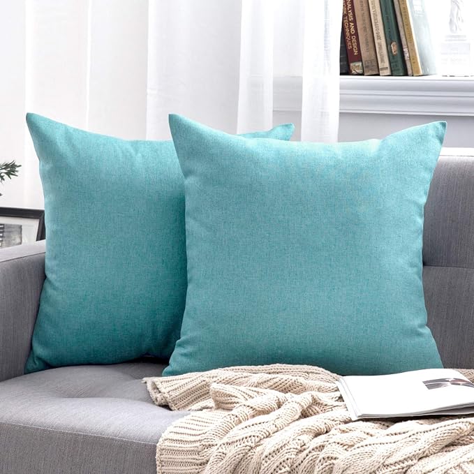 MIULEE Pack of 2 Decorative Outdoor Solid Waterproof Throw Pillow Covers Euro Sham Faux Linen Garden Farmhouse Coastal Cushion Cases for Summer Patio Tent Balcony Couch Sofa 26x26 Inch Turquoise