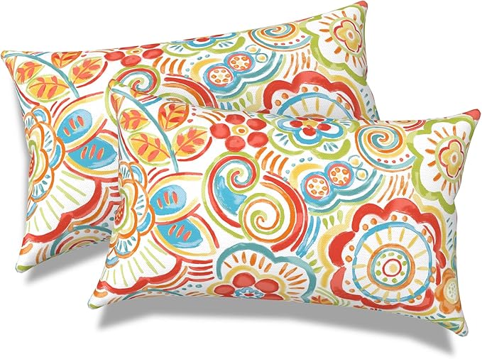 Pack of 2 Outdoor Lumbar Pillow Covers, All Weather Cushion Pillow Cases 12x20 Inch, Pillowcase for Patio Couch Decoration, Flower Multi