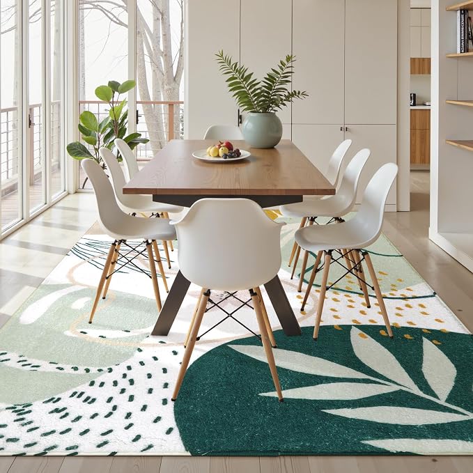 Lahome Green Machine Washable Large Rug - 8 x 10 Area Rugs for Living Room Non-Slip Lightweight Throw Boho Rugs, Soft Botanical Print Indoor Floor Carpet for Bedroom Office Dining Room Classroom