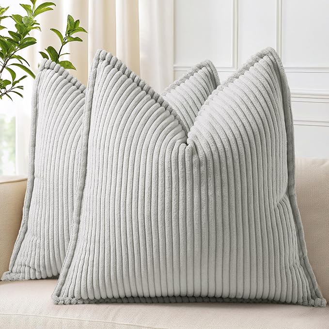 decorUhome Fall Corduroy Grey Throw Pillow Covers 22x22 Set of 2 | Euro Sham Couch Decorative Soft Modern Boho Farmhouse Pillow Covers Broadside Striped Pillow Cases for Living Room Bed Sofa