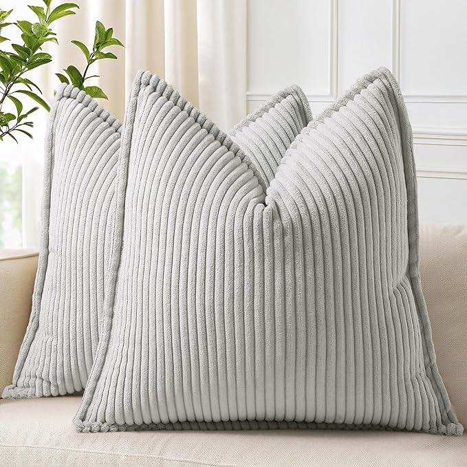 decorUhome Fall Corduroy Grey Throw Pillow Covers 20x20 Set of 2 | Couch Decorative Soft Modern Boho Farmhouse Pillow Covers Broadside Striped Pillow Cases for Living Room Bed Sofa