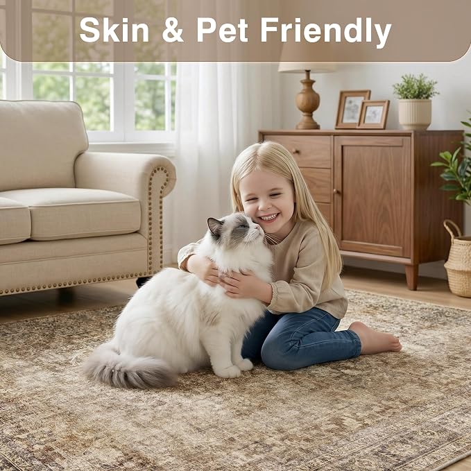 FMFUNCTEX 2x6 Hallway Runner Rug Brown Neutral Vintage Washable Distressed Non Slip Low Pile Oriental Indoor Carpet Soft Retro Entryway Rug for Kitchen Laundry Entrance Entry Living Room Bedroom