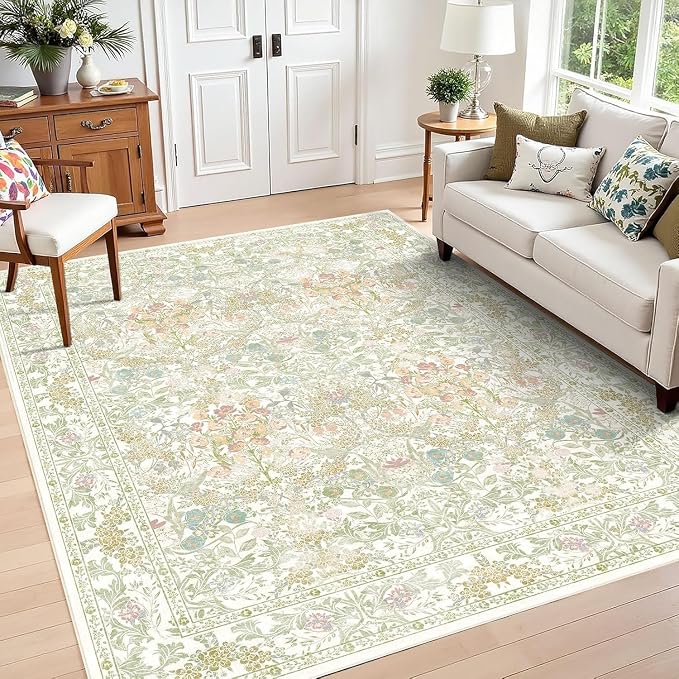 Farmhouse Sage Green Washable Living Room Rug 5x7, Floral Area Rug for Bedroom, Nursery, Dining Room Under Table, Home Office, Low Pile Non Slip Boho Carpet, Soft Cottagecore Botanical Accent Mat