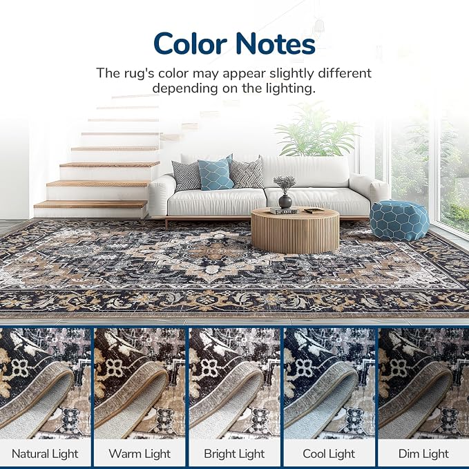 Lessymo 9 x 12 Area Rugs for Living Room, Machine Washable Area Rugs Boho Faux Wool Low Pile Area Rug for Bedroom, Floral Medallion Vintage Rugs with Non-Slip Rubber, Kid & Pet Friendly,Black Brown