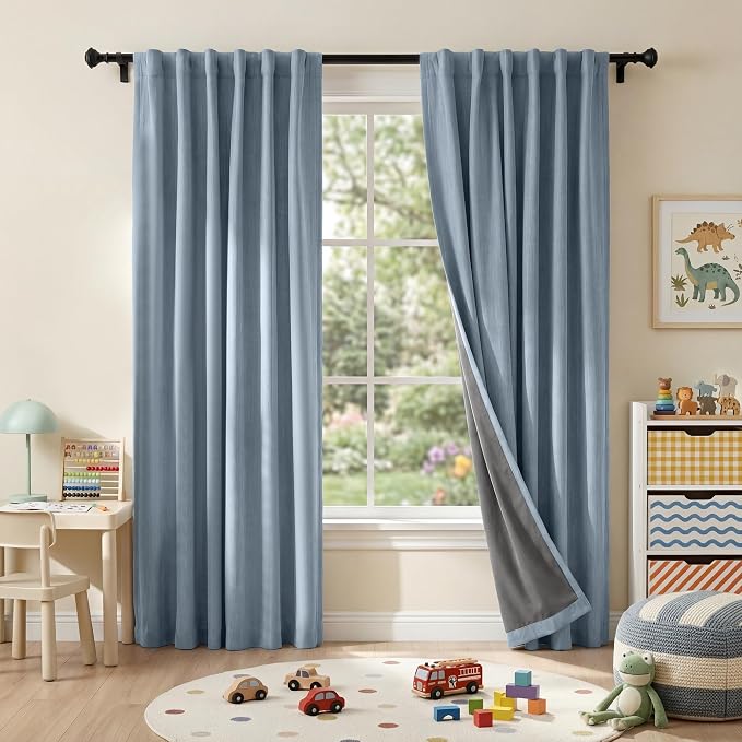 RYB HOME Linen Texture Curtains for Bedroom, 100% Blackout Thermal Insulated Curtains, Rod Pocket&Back Tab Room Darkening Drapes Luxury Decor for Living Room Nursery, W52xL96, 2 Panels, Smoky Blue