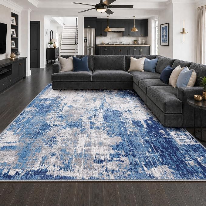 RELEANY Washable Area Rugs 8'x10' Non-Slip Modern Abstract Soft for Living Room Entryway Bedroom Kitchen, Print Pattern, Blue Grey Navy Gray