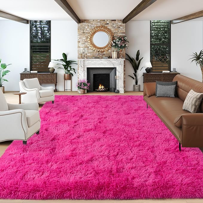 Dssimo Hot Pink Rugs for Living Room Bedroom, 9x12 Shaggy Area Rug | Large Plush Furry Upgrade Non-Slip Pink Area Rug for Nursery Kids Room Dorm Room Home Decor, Modern Indoor Floor Carpet