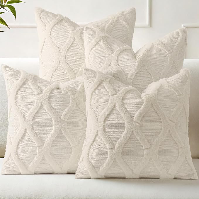 decorUhome Set of 4 Faux Fur Beige Throw Pillow Covers 20x20 | Neutral Decorative Soft Plush Couch Pillow Covers, Farmhouse Pillow Cases for Living Room Bed Sofa