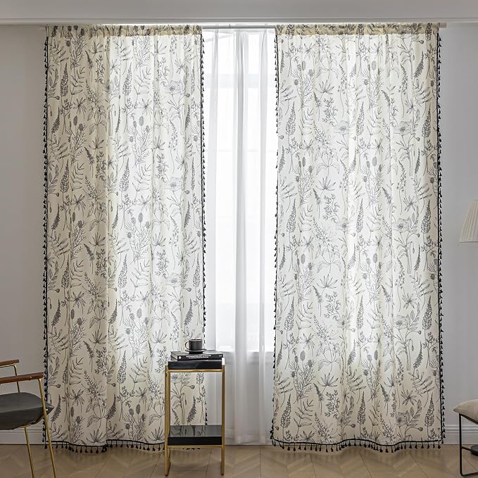 Black Floral Curtains 54 Inches Long, Boho Farmhouse Light Filtering Rod Pocket Drapes with Tassel Trim for Bedroom Living Room, 2 Panels