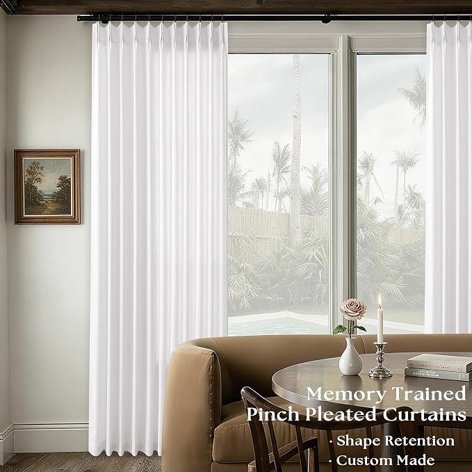 White Pinch Pleat Linen Curtains 72 Inch Width 120 Inches Long | Light Filtering Semi Sheer, Pleated Drapes, for Living Room Balcony Patio Sliding Door, Extra Wide, 72x120 Curtain, 1 Panel