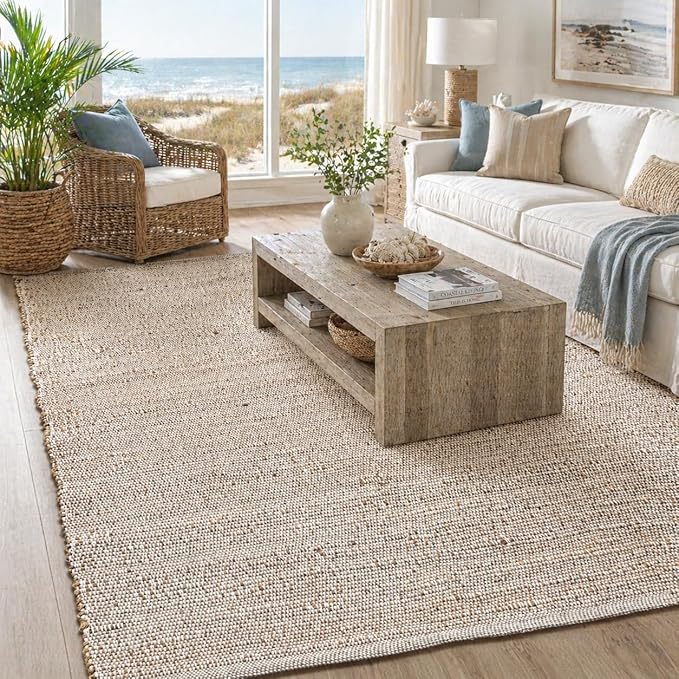 Chardin Home 9x12 Jute Cotton Hand Woven Area Rug, Natural Jute/Cream Braided Boho Farmhouse Rug, Rustic Vintage Reversible Natural Fiber Rug for Living Room, Bedroom, Dining Room, Office, or Entryway
