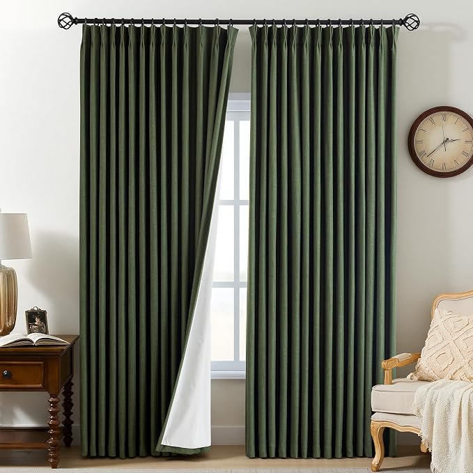 Pinch Pleated Curtains 100% Blackout Linen Curtains 90 Inches Long for Bedroom Living Room, Olive Green Memory Trained Thermal Insulated Room Darkening Window Drapes with Hooks 2 Panels 40"Wx90"L