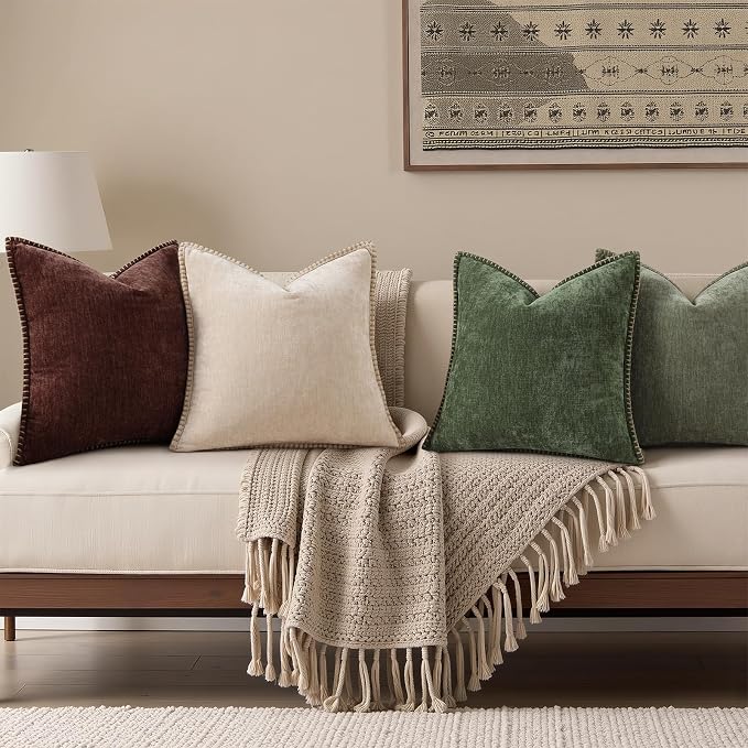 decorUhome Soft Chenille Throw Pillow Covers 22x22 Set of 2 Olive Green | Fall Textured Decorative Throw Pillow Cases Stitched Edge Modern Farmhouse Luxury Boho Velvet for Couch Sofa Bed Home Decor